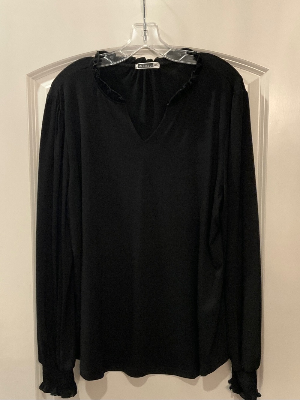 Kikula Black V-Neck Top with Ruffle Trim